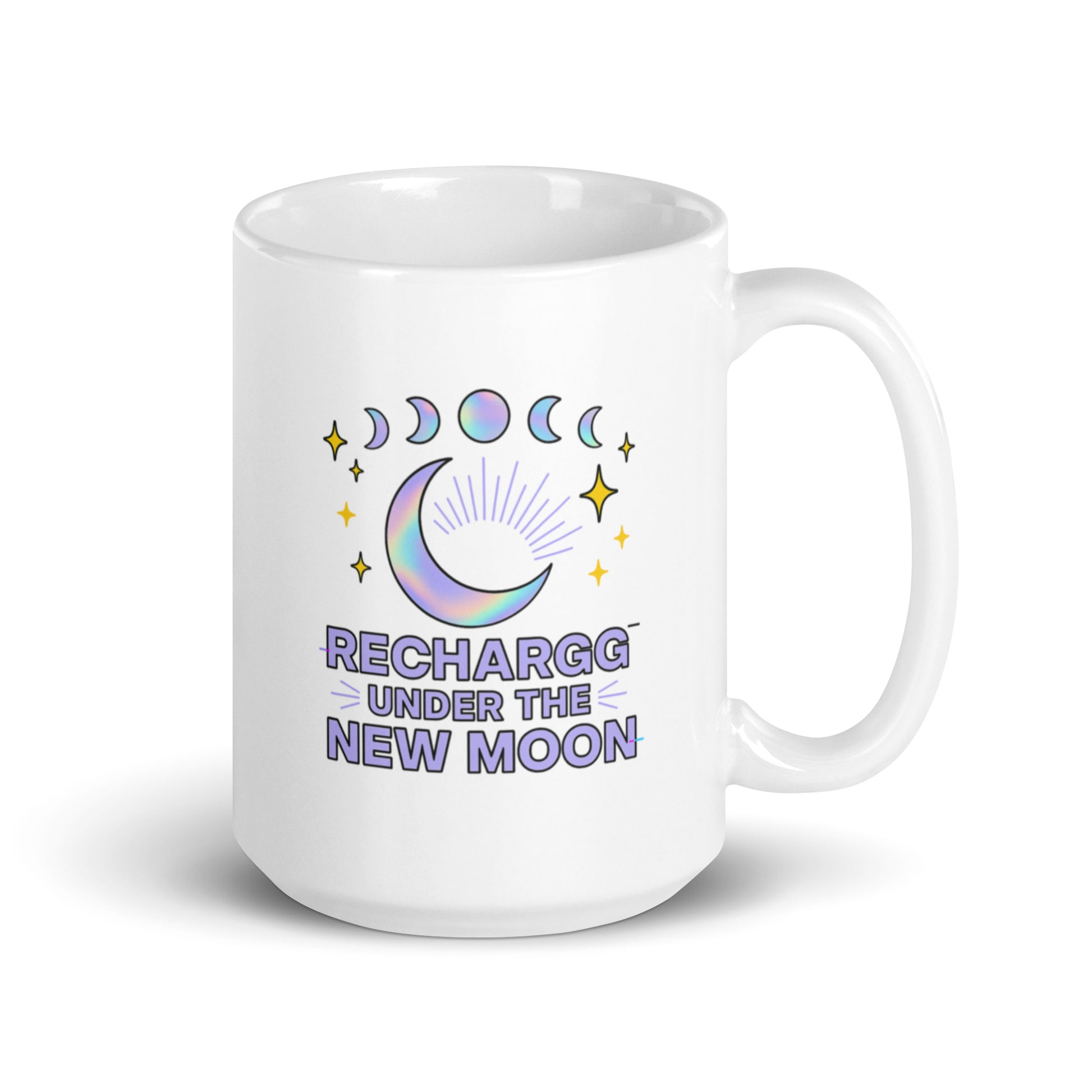 Recharge Under the New Moon Mug – Lunar Phase Pastel Holographic Cup – Duvencioglu