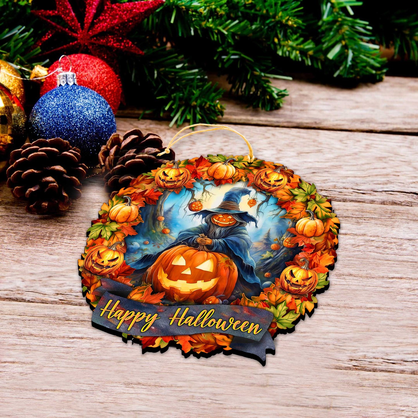 "Happy Halloween" Wreath Wooden Ornament - Handcrafted Keepsake by G. Debrekht (Made in USA) – Duvencioglu