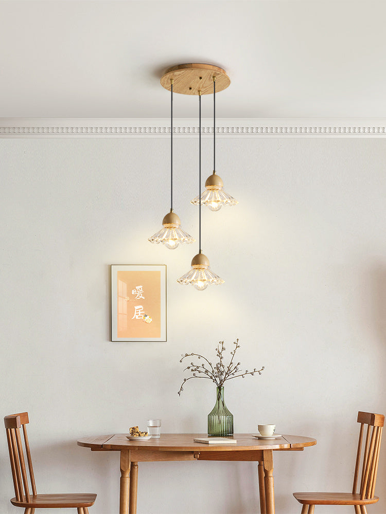 Nordic Solid Wood & Glass 3-Head Chandelier – Modern Minimalist Pendant – Duvencioglu