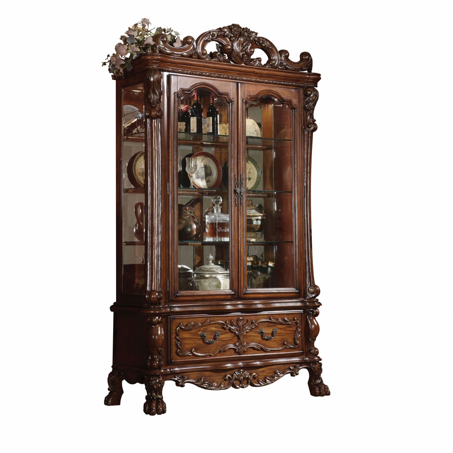 89" Tall Traditional Curio Cabinet - Cherry Oak Wood, Glass & Poly Resin – Duvencioglu