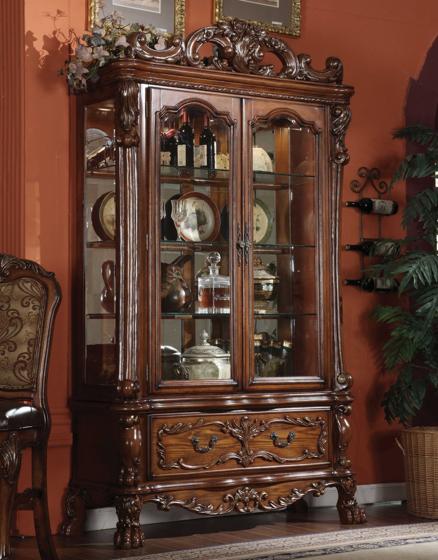 89" Tall Traditional Curio Cabinet - Cherry Oak Wood, Glass & Poly Resin – Duvencioglu