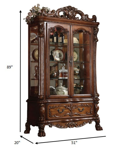89" Tall Traditional Curio Cabinet - Cherry Oak Wood, Glass & Poly Resin – Duvencioglu