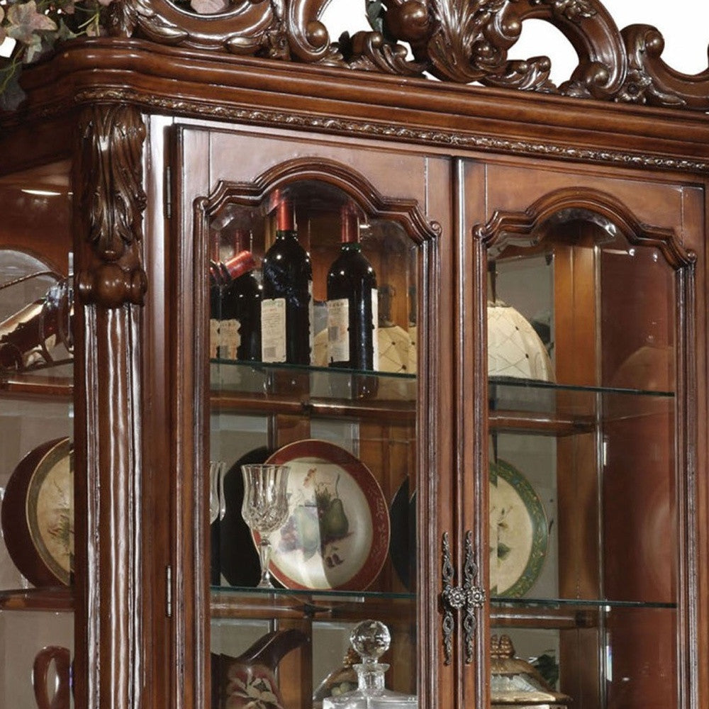 89" Tall Traditional Curio Cabinet - Cherry Oak Wood, Glass & Poly Resin – Duvencioglu