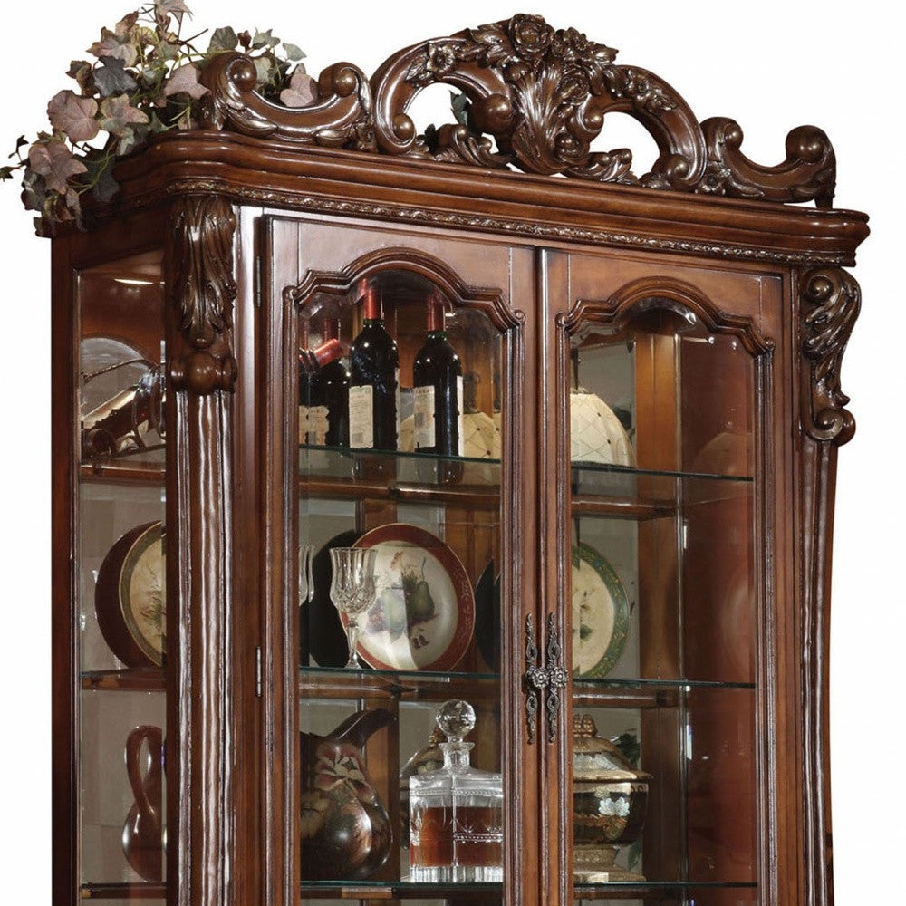 89" Tall Traditional Curio Cabinet - Cherry Oak Wood, Glass & Poly Resin – Duvencioglu