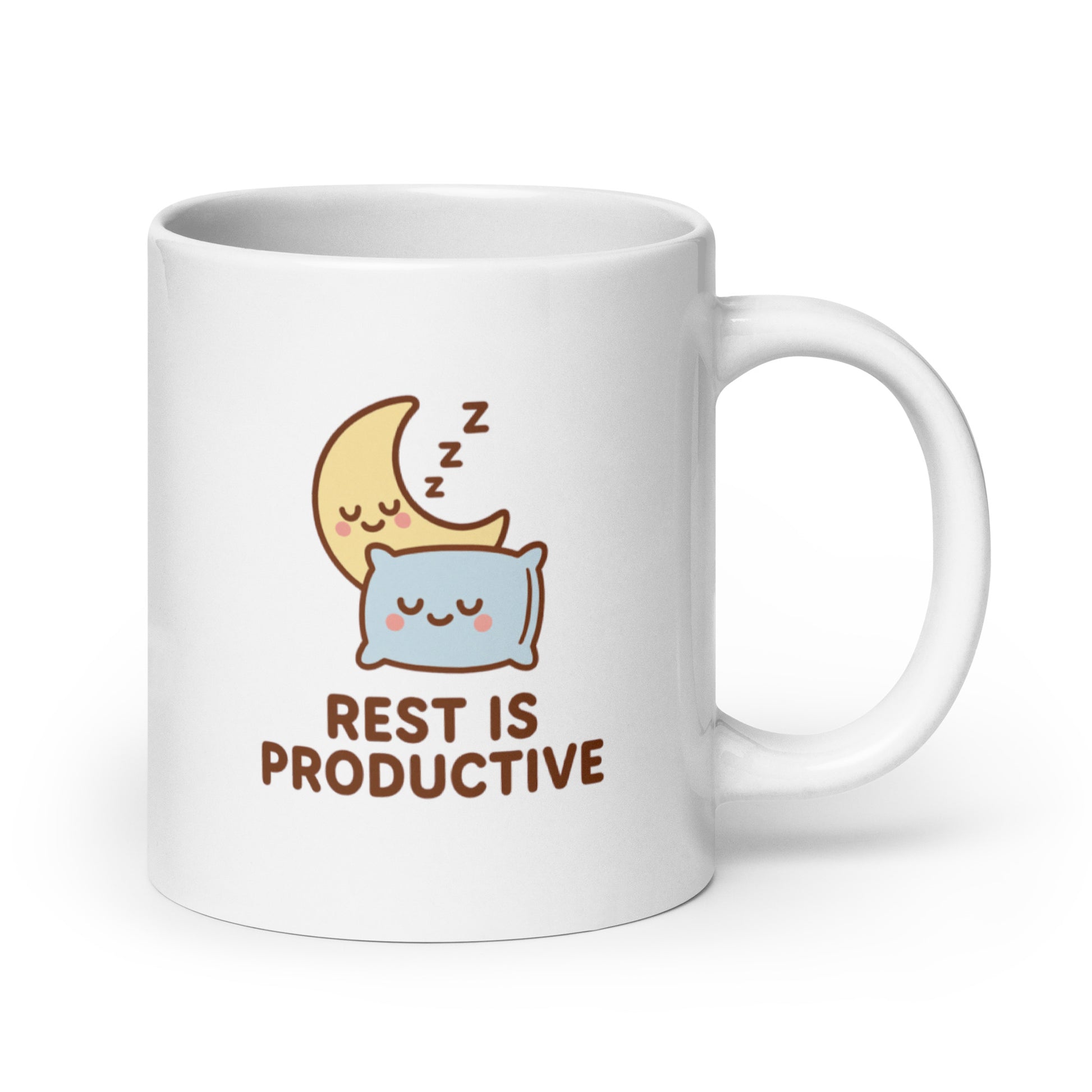 Rest Is Productive Mug – Kawaii Moon & Pillow Design, Cute Mental Health Reminder, Cozy Sleepy Gift – Duvencioglu