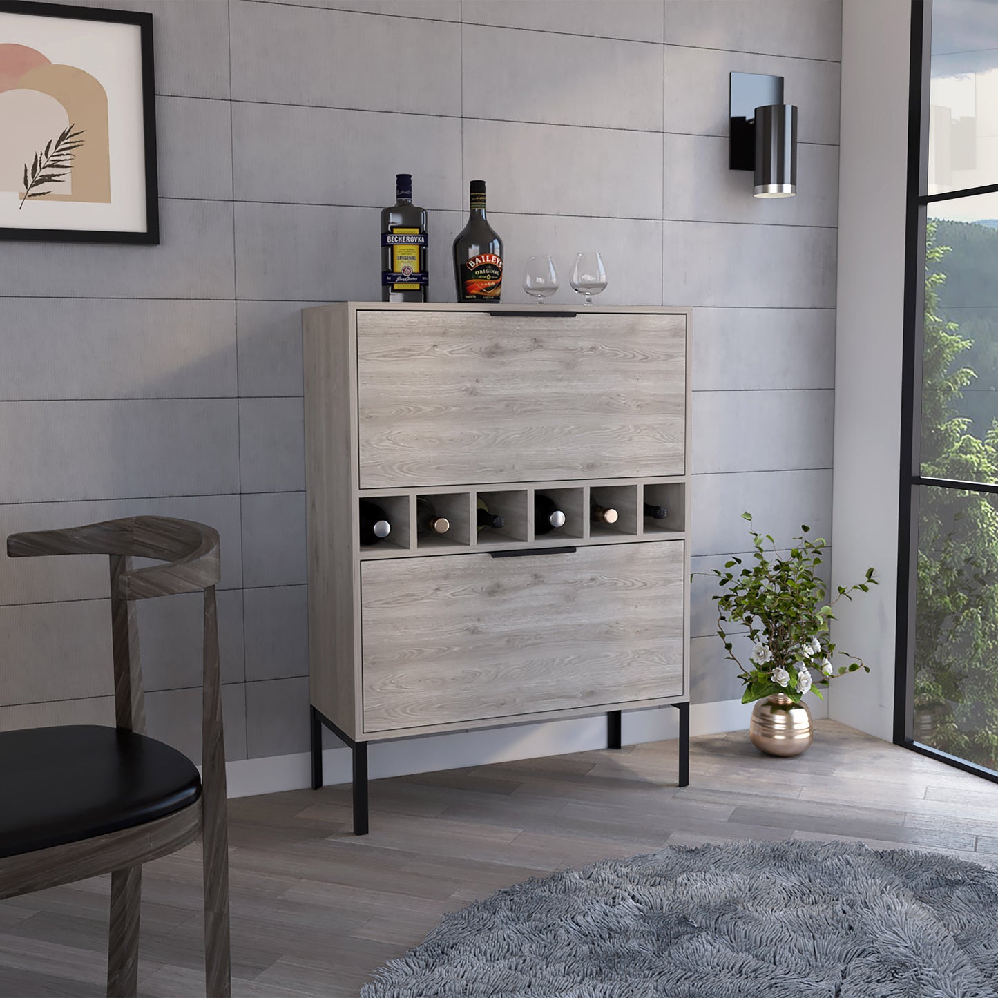 43" Modern Console Bar Cabinet - Light Gray & Black with Drop-Down Doors – Duvencioglu