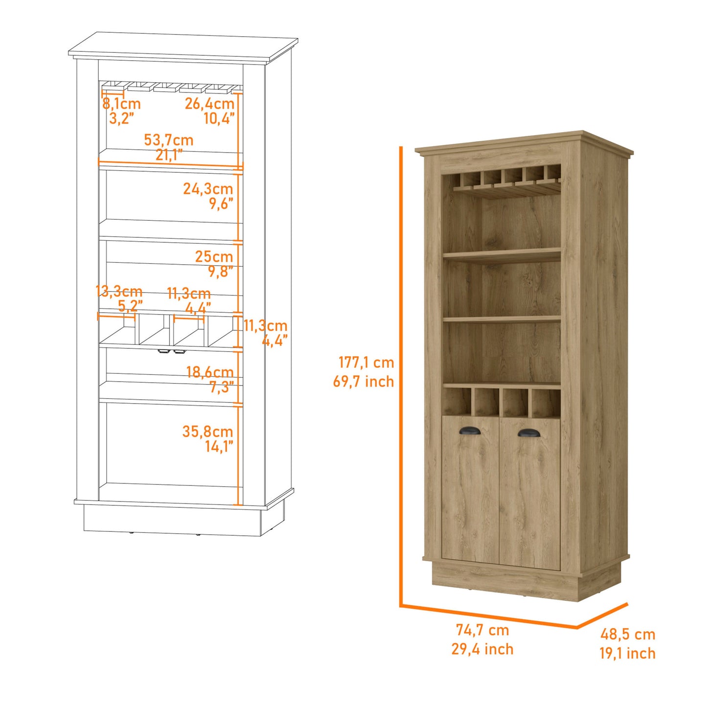 70" Brown Bar Cabinet - Wine Storage Console with Shelves – Duvencioglu