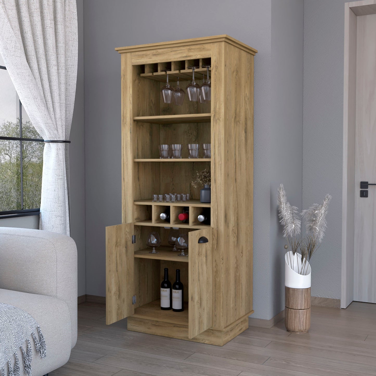 70" Brown Bar Cabinet - Wine Storage Console with Shelves – Duvencioglu