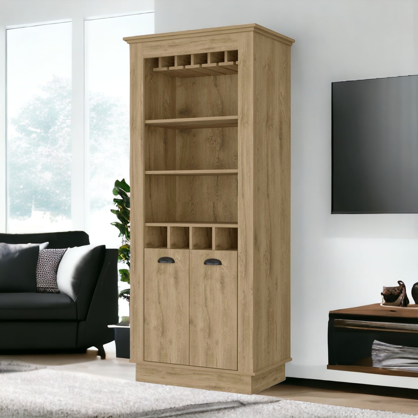 70" Brown Bar Cabinet - Wine Storage Console with Shelves – Duvencioglu