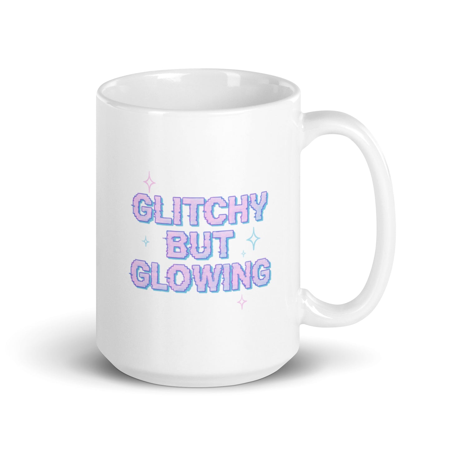 Glitchy but Glowing Mug – Y2K Digital Quote Gift for Soft Tech Souls – Duvencioglu