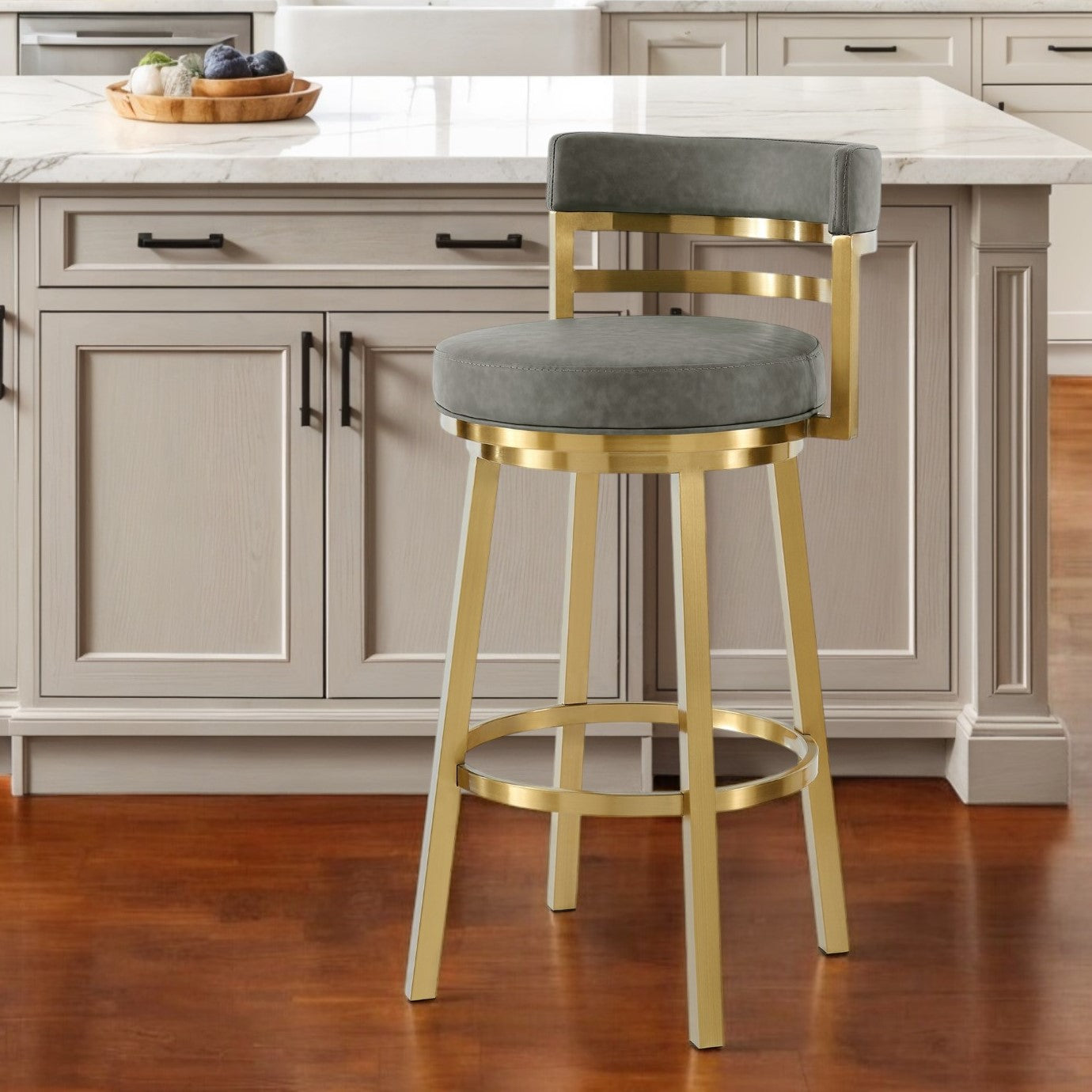26" Low Back Swivel Bar Chair - Gray Faux Leather & Gold Stainless Steel – Duvencioglu