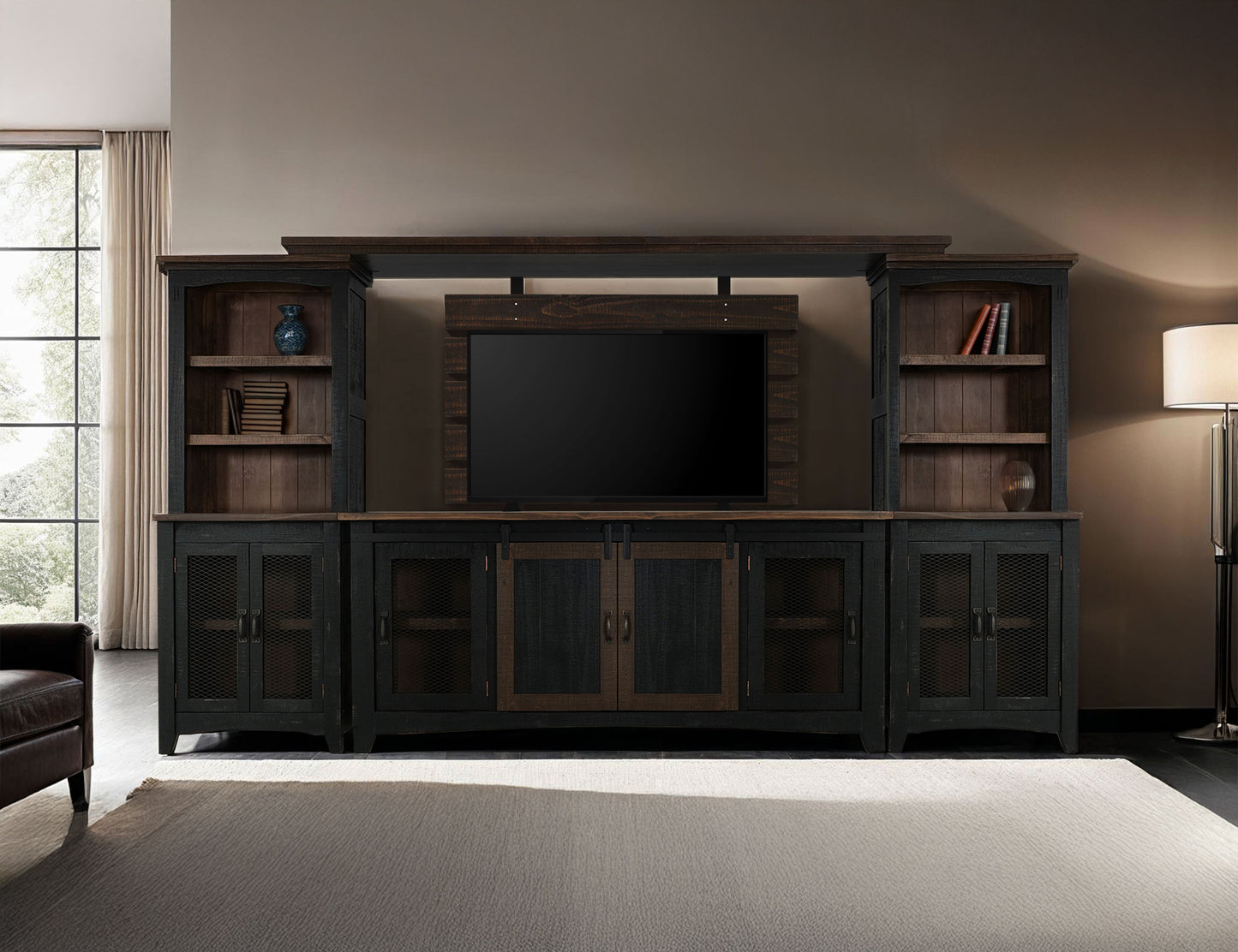 72" Distressed Wood Dining Hutch - Brown & Black, 2-Door Display Cabinet – Duvencioglu