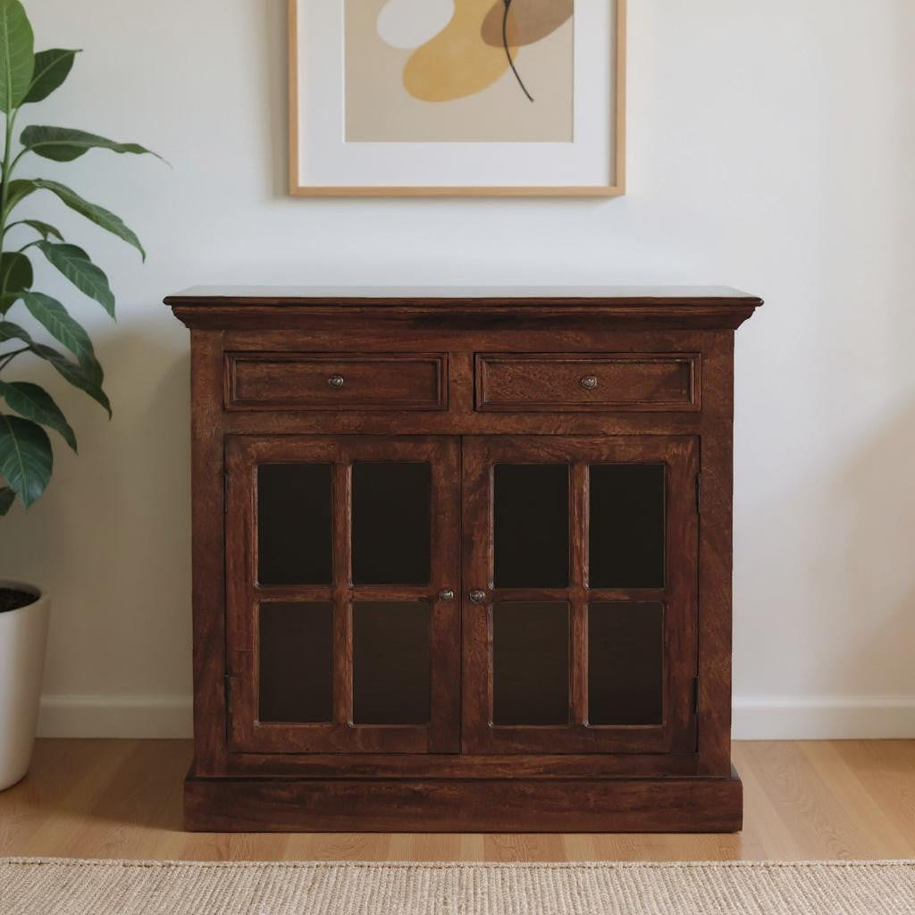 35" Distressed Solid Wood Accent Cabinet - Glass Doors & 2 Drawers – Duvencioglu
