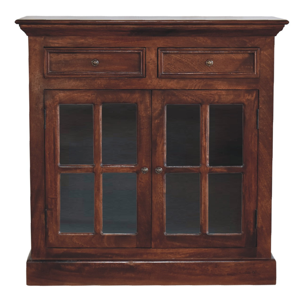 35" Distressed Solid Wood Accent Cabinet - Glass Doors & 2 Drawers – Duvencioglu