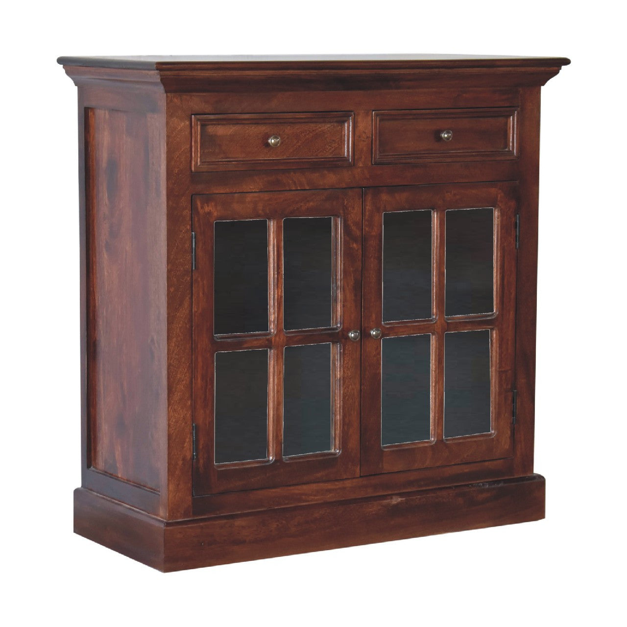 35" Distressed Solid Wood Accent Cabinet - Glass Doors & 2 Drawers – Duvencioglu