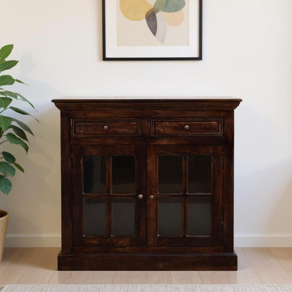 35" Brown Solid Wood Accent Cabinet - Glass Doors & 2 Drawers – Duvencioglu
