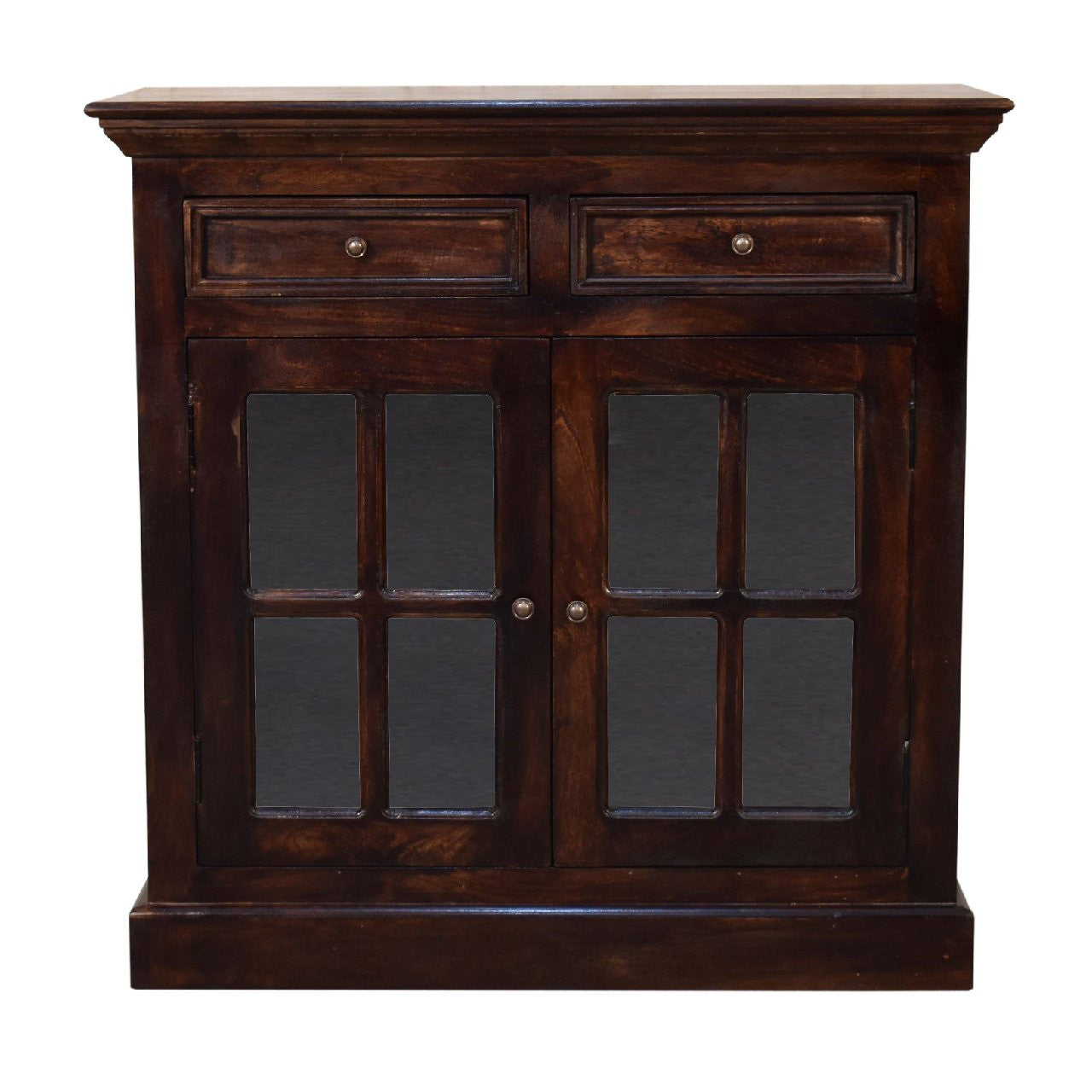 35" Brown Solid Wood Accent Cabinet - Glass Doors & 2 Drawers – Duvencioglu