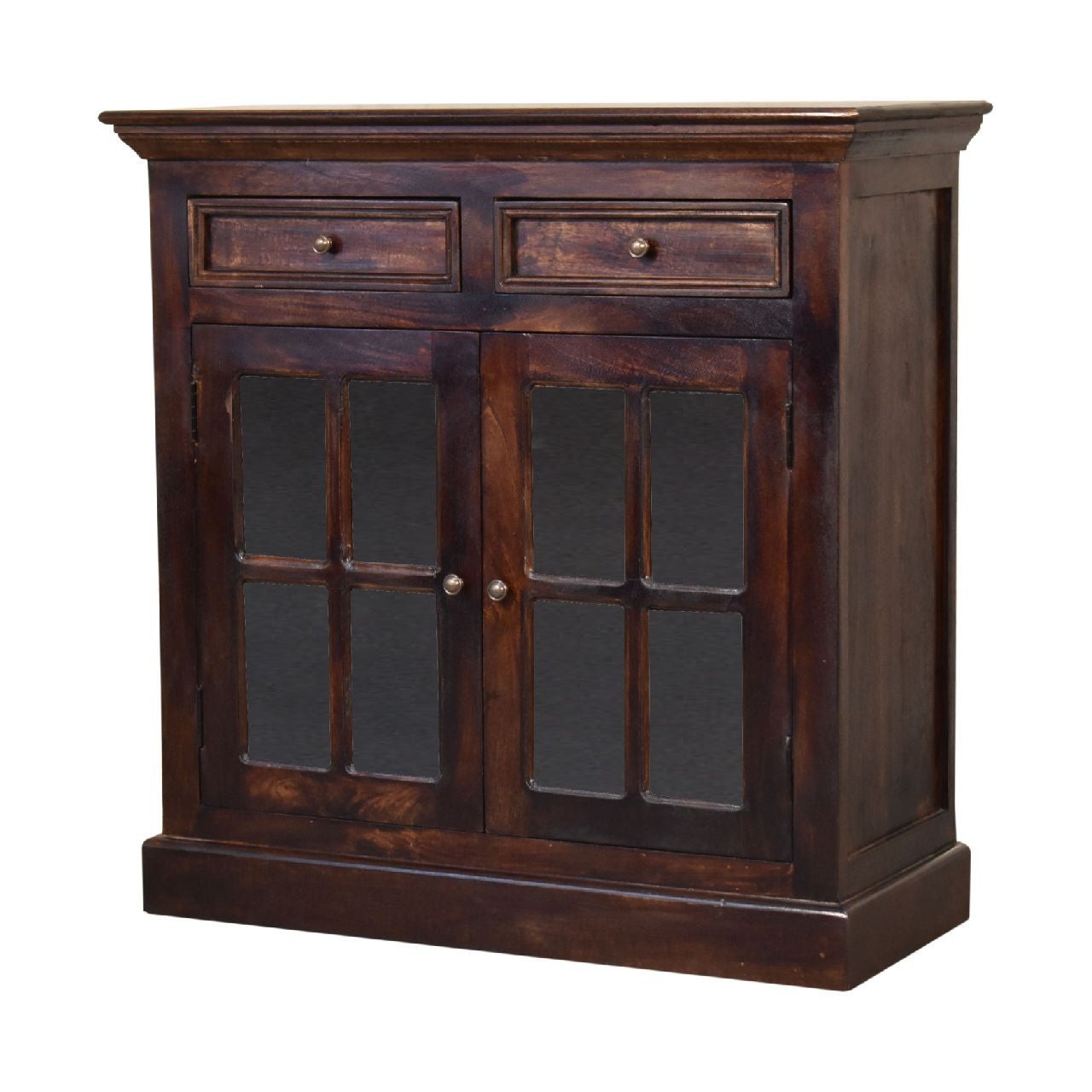 35" Brown Solid Wood Accent Cabinet - Glass Doors & 2 Drawers – Duvencioglu