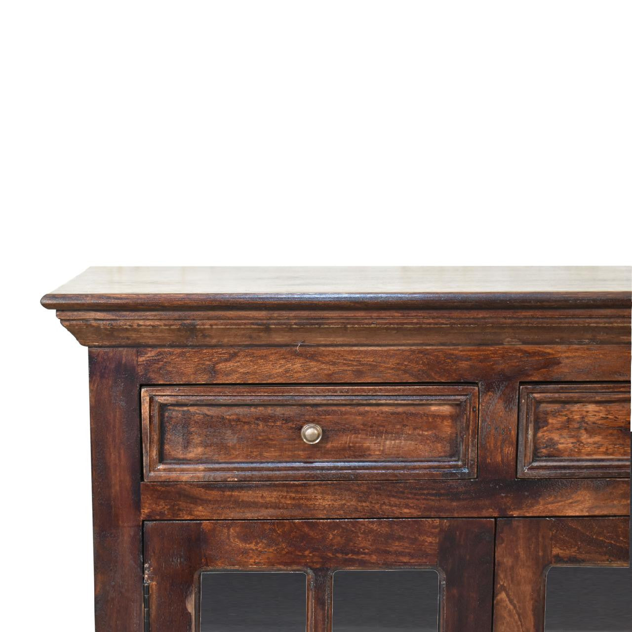 35" Brown Solid Wood Accent Cabinet - Glass Doors & 2 Drawers – Duvencioglu