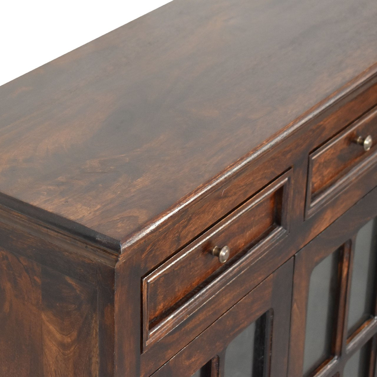 35" Brown Solid Wood Accent Cabinet - Glass Doors & 2 Drawers – Duvencioglu