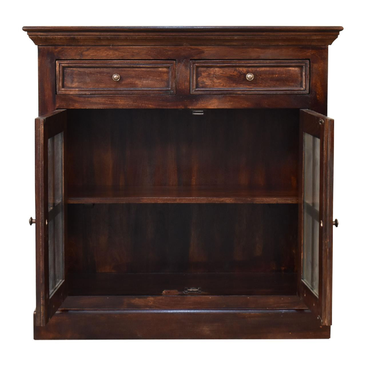 35" Brown Solid Wood Accent Cabinet - Glass Doors & 2 Drawers – Duvencioglu
