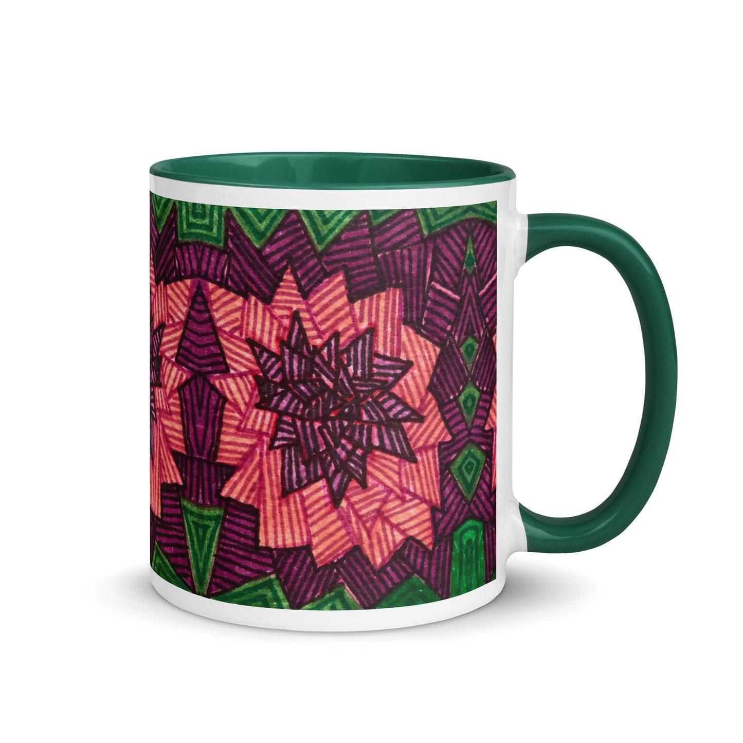 Striped Geometric Flower Mug – Bold Pink, Purple and Green Layered Pattern – Duvencioglu