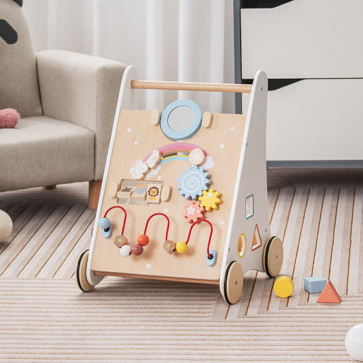 Wooden Baby Walker with Multi-Activity Center - Storage Basket & Rubber Wheels (White) – Duvencioglu