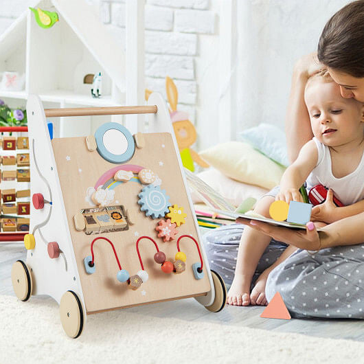 Wooden Baby Walker with Multi-Activity Center - Storage Basket & Rubber Wheels (White) – Duvencioglu