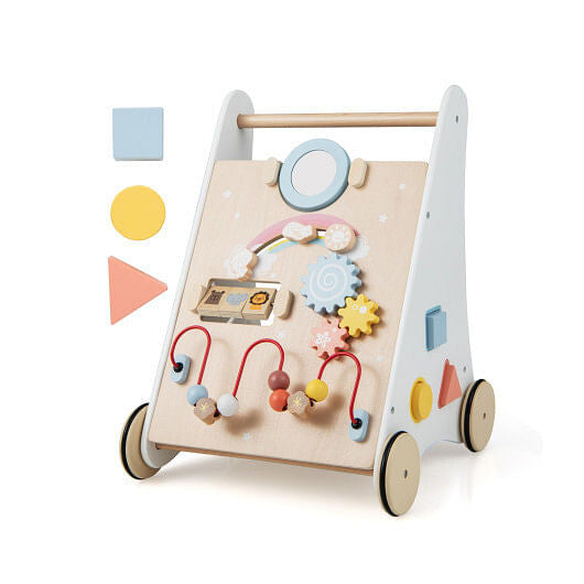 Wooden Baby Walker with Multi-Activity Center - Storage Basket & Rubber Wheels (White) – Duvencioglu