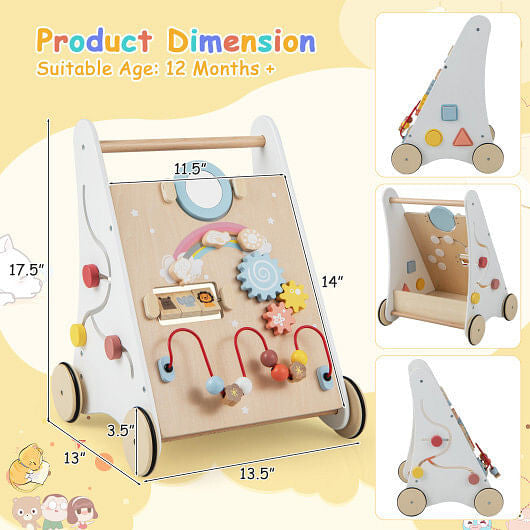 Wooden Baby Walker with Multi-Activity Center - Storage Basket & Rubber Wheels (White) – Duvencioglu