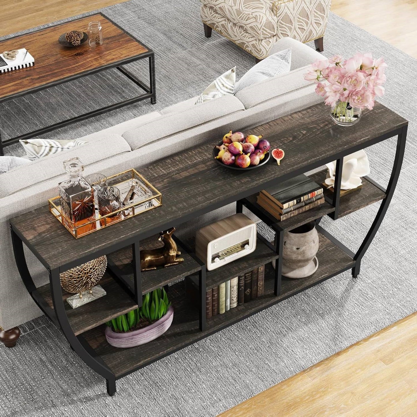 70" Modern Industrial Narrow Console Sofa Table - Black Wood & Metal Frame – Duvencioglu