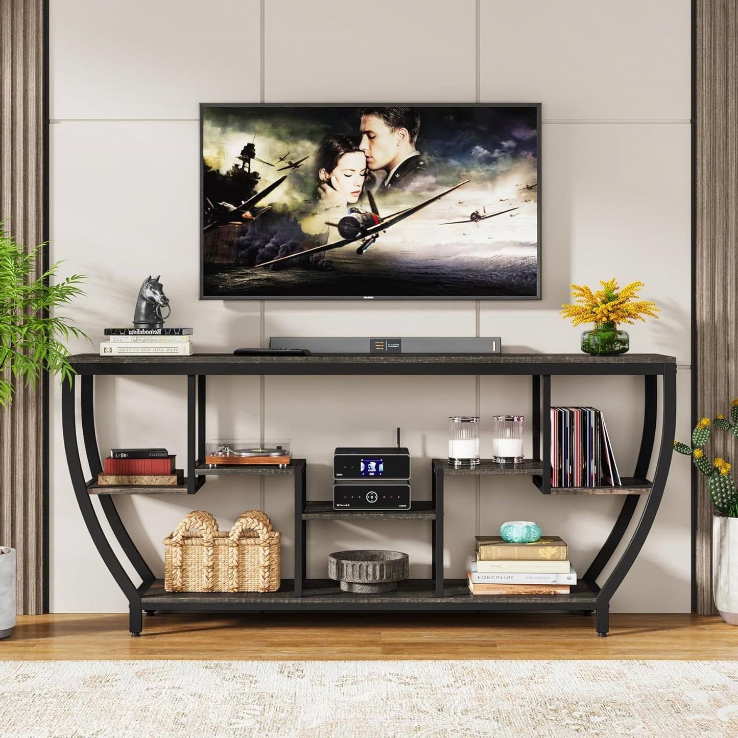70" Modern Industrial Narrow Console Sofa Table - Black Wood & Metal Frame – Duvencioglu