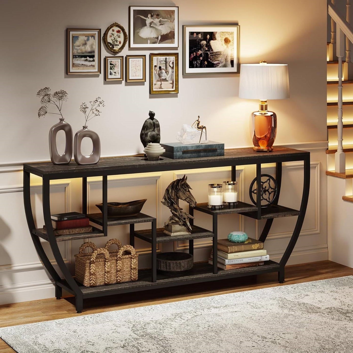 70" Modern Industrial Narrow Console Sofa Table - Black Wood & Metal Frame – Duvencioglu
