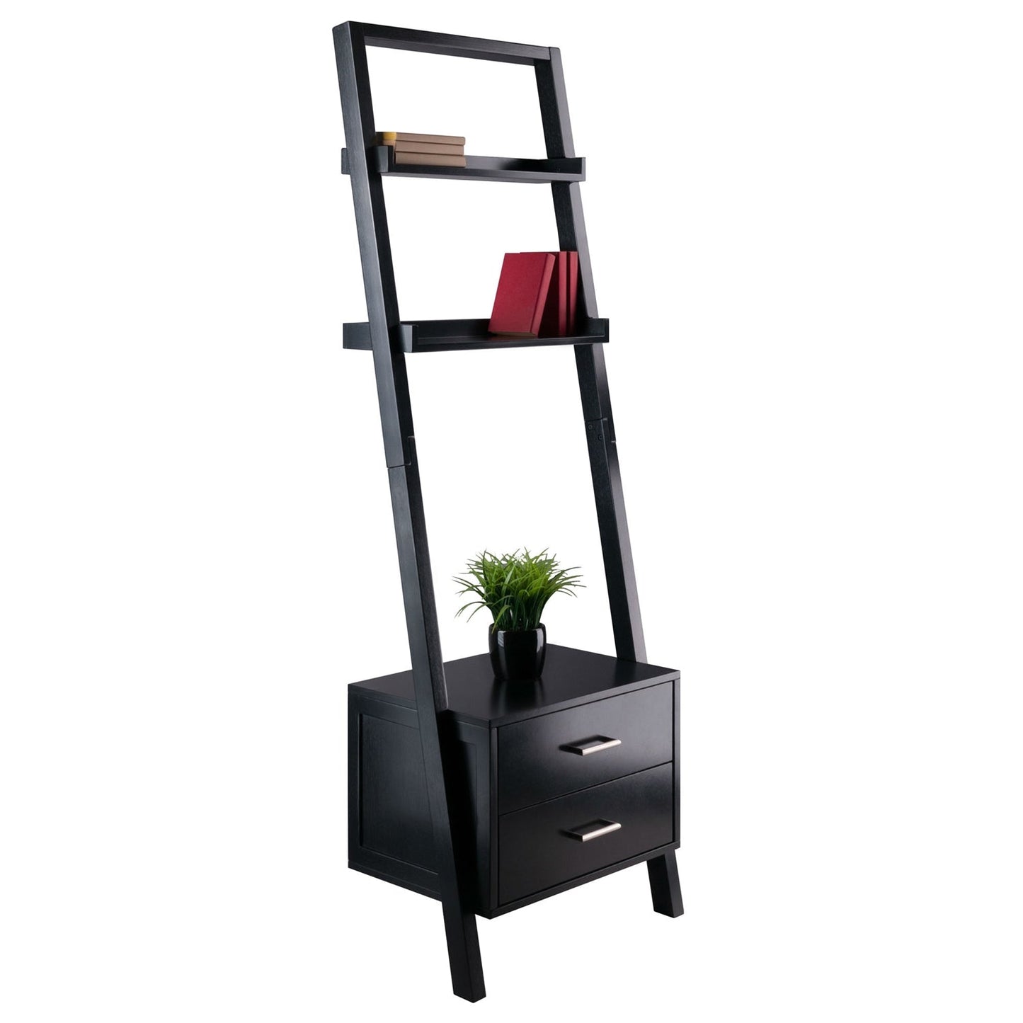 Modern Black Leaning Ladder Bookshelf - 2 Drawers & Entryway Shelf – Duvencioglu