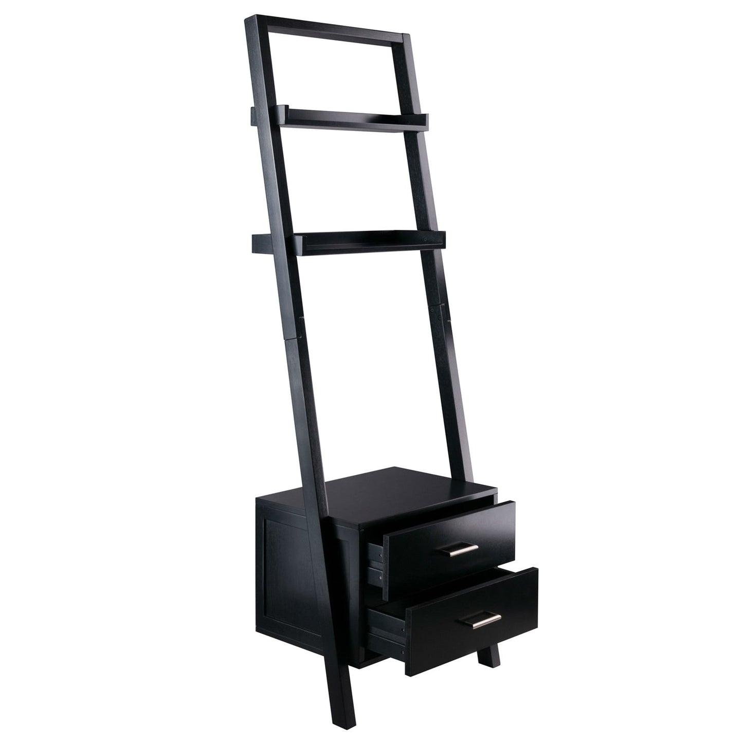 Modern Black Leaning Ladder Bookshelf - 2 Drawers & Entryway Shelf – Duvencioglu