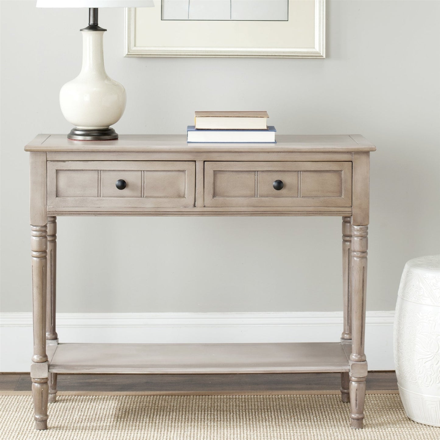 Traditional Console Sofa Table - Distressed Cream Finish with 2 Drawers – Duvencioglu