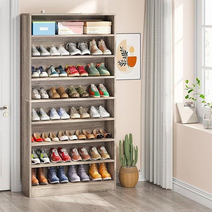 8-Shelf Narrow Shoe Rack Cabinet - Grey Wood Finish, Holds Up To 45 Pairs – Duvencioglu