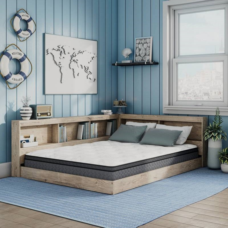 Full Size Corner Storage Platform Bed - Bookcase Headboard & USB Ports