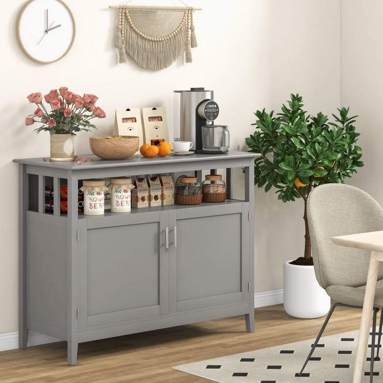 Modern 2-Door Dining Buffet Sideboard - Grey Wood with Open Storage Shelf – Duvencioglu