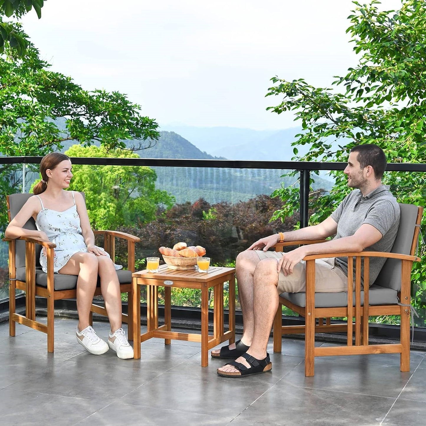 Product Title: 3-Piece Solid Wood Outdoor Patio Set - Acacia Chairs, Table & Grey Cushions – Duvencioglu