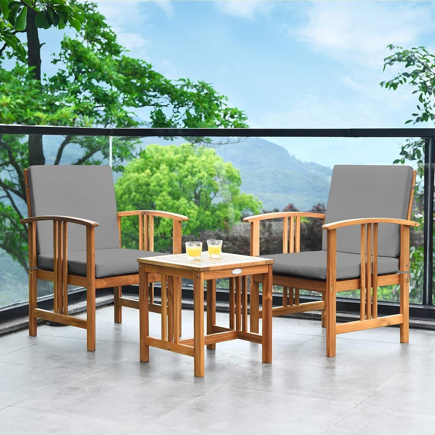 Product Title: 3-Piece Solid Wood Outdoor Patio Set - Acacia Chairs, Table & Grey Cushions – Duvencioglu