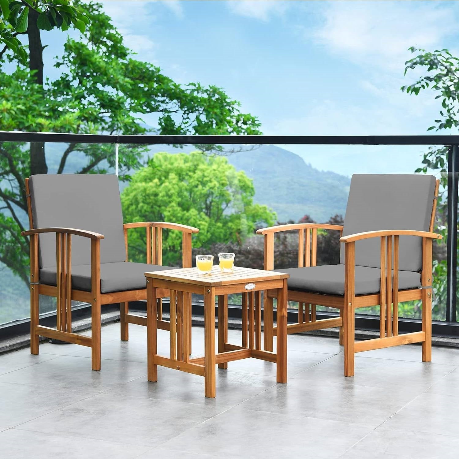 Product Title: 3-Piece Solid Wood Outdoor Patio Set - Acacia Chairs, Table & Grey Cushions – Duvencioglu
