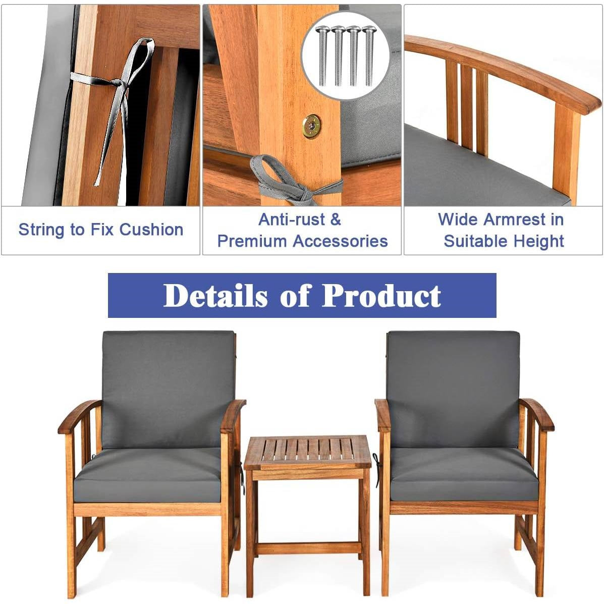 Product Title: 3-Piece Solid Wood Outdoor Patio Set - Acacia Chairs, Table & Grey Cushions – Duvencioglu