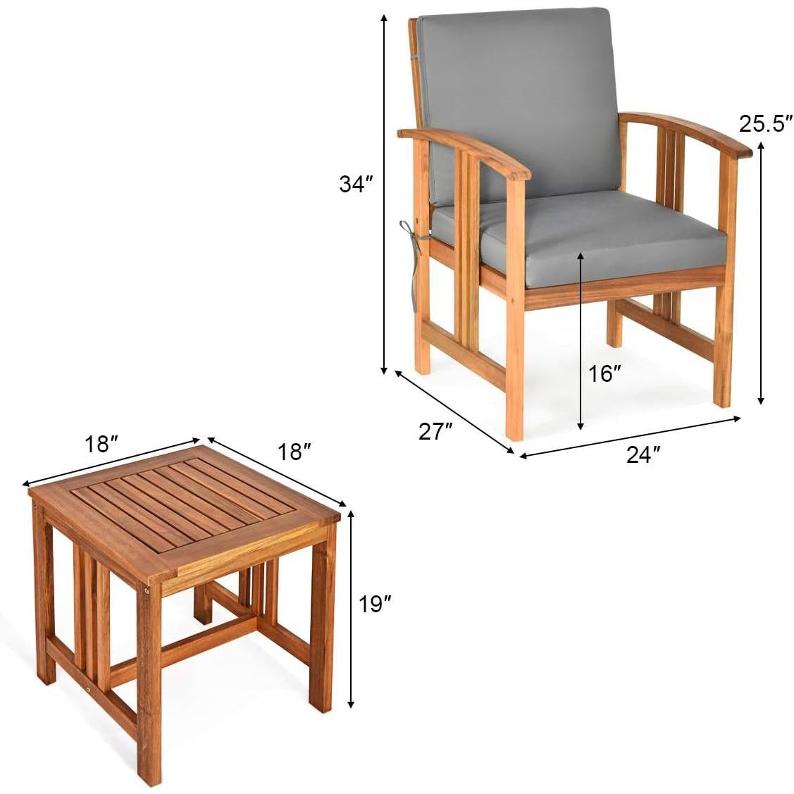 Product Title: 3-Piece Solid Wood Outdoor Patio Set - Acacia Chairs, Table & Grey Cushions – Duvencioglu