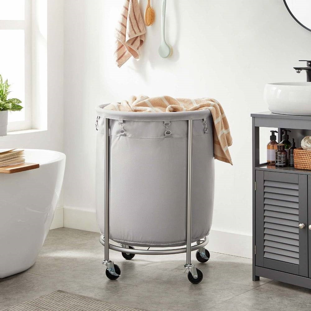 Round 45-Gallon Laundry Hamper - Grey Fabric Bag, Steel Frame on Wheels – Duvencioglu