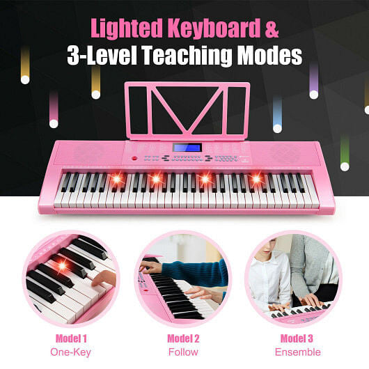 61-Key Electric Piano Keyboard - Beginner Bundle with Light-Up Keys (Pink) – Duvencioglu