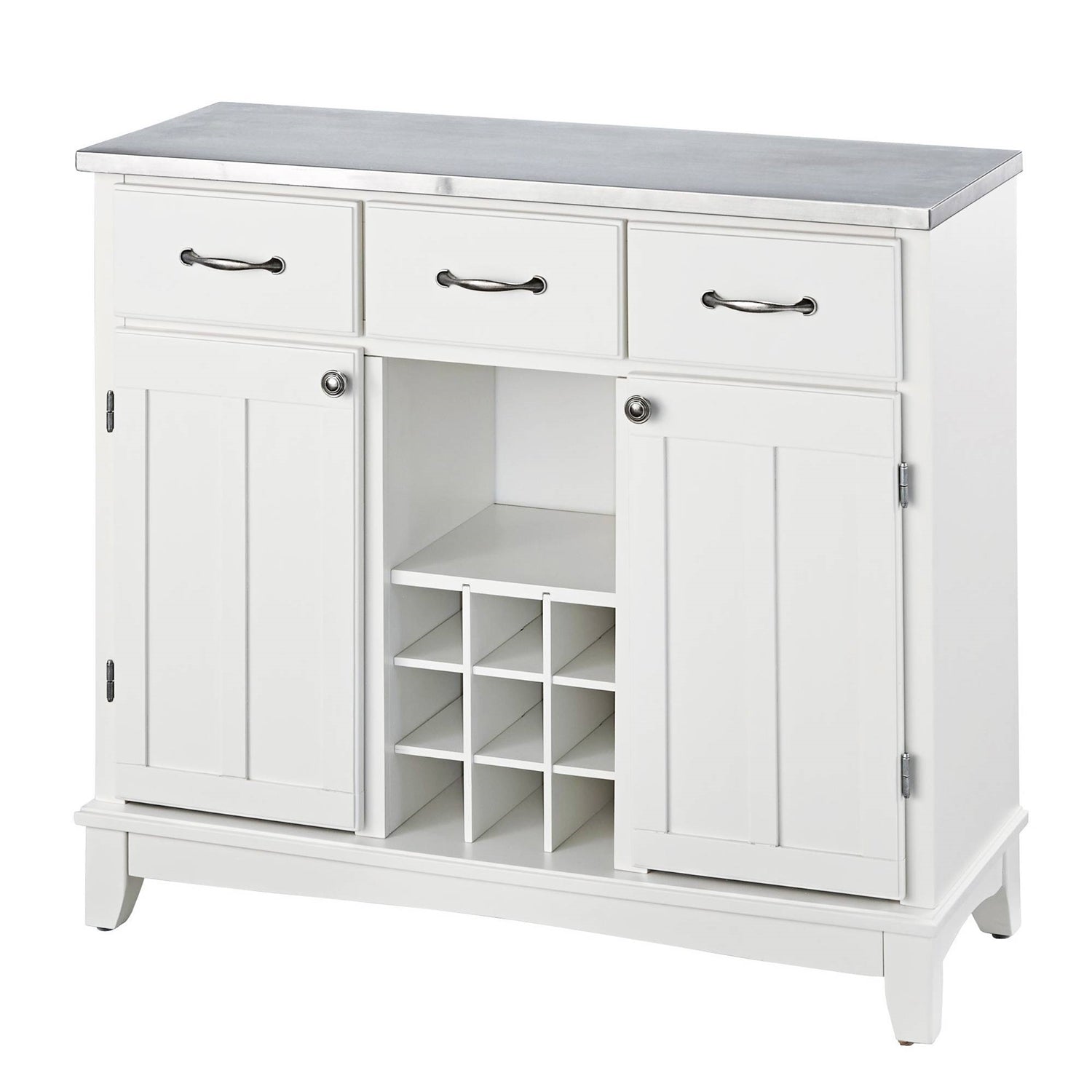 Product Title: Kitchen Island Sideboard Cabinet - Stainless Steel Top, Wine Rack & 3 Drawers (White) – Duvencioglu