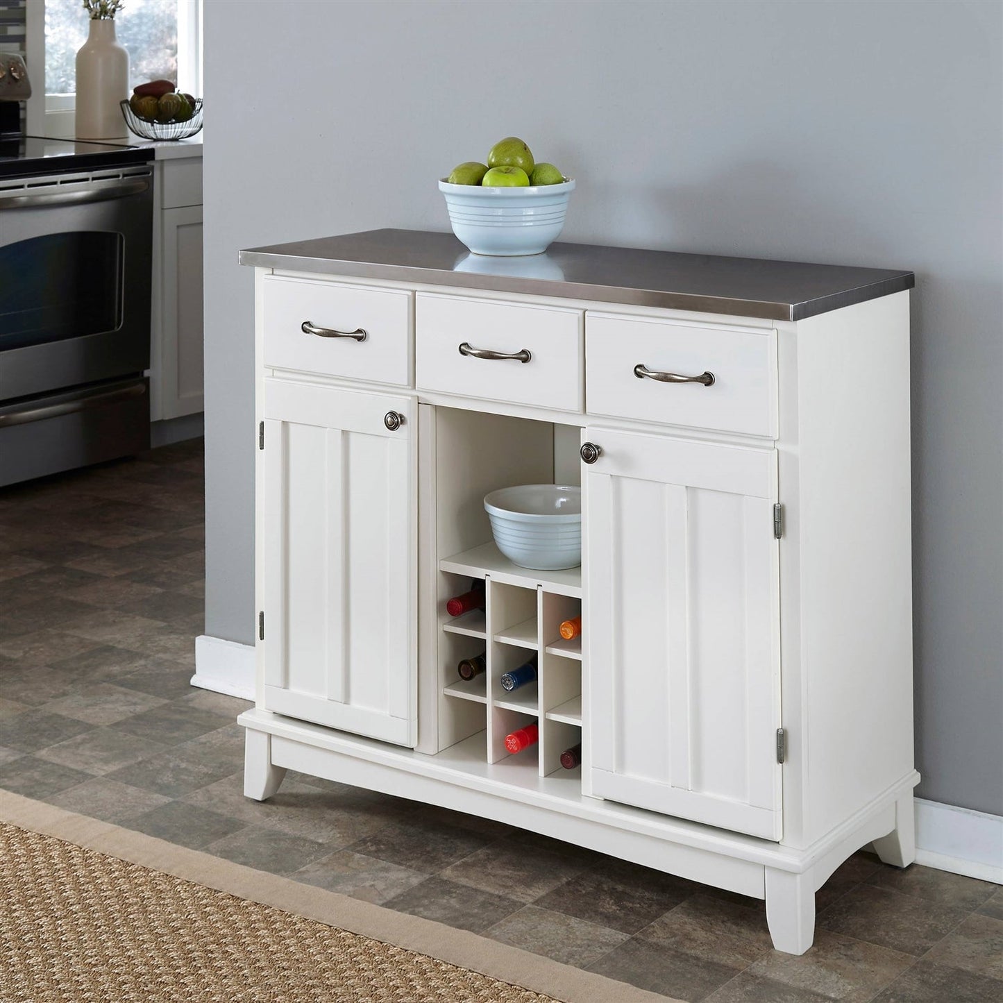 Product Title: Kitchen Island Sideboard Cabinet - Stainless Steel Top, Wine Rack & 3 Drawers (White) – Duvencioglu
