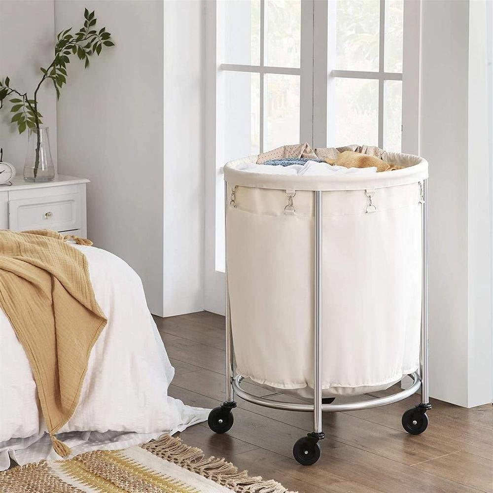 Round 45-Gallon Laundry Hamper - Cream Fabric Bag, Steel Frame on Wheels – Duvencioglu