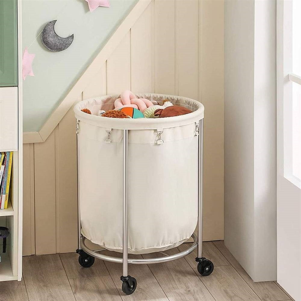 Round 45-Gallon Laundry Hamper - Cream Fabric Bag, Steel Frame on Wheels – Duvencioglu